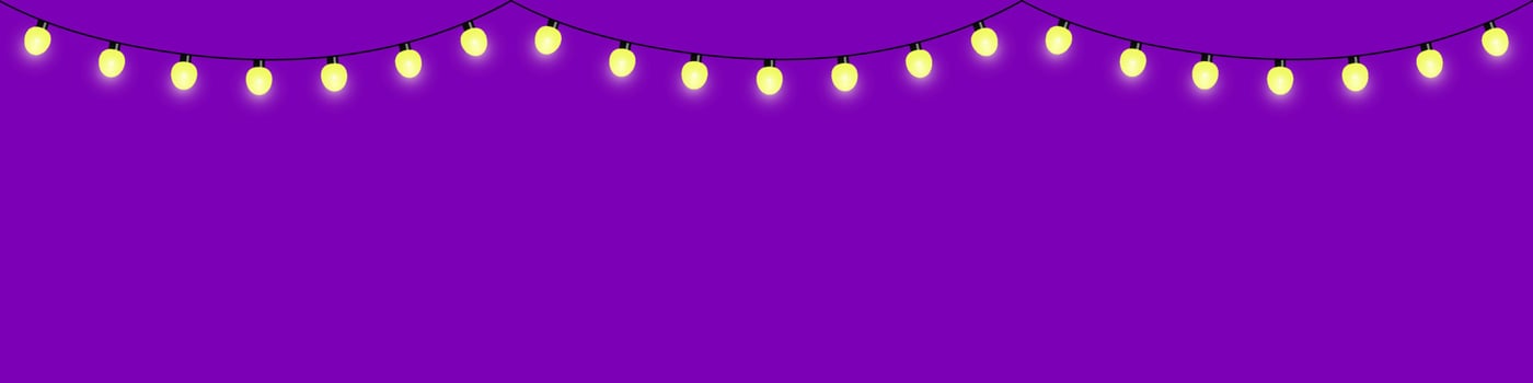 Decorative garland of electric light bulbs, twinkle lights, yellow lamps. Purple background. Vector design.