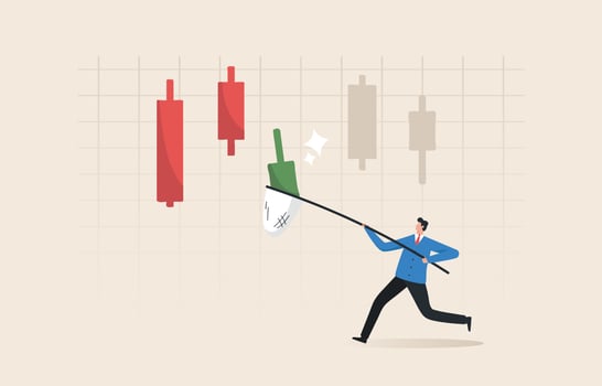 DCA, Profiting in Bear, Profit from playing down stocks. Buy gradually, when the share price declines. Investors or businessmen chasing after buying stock candlesticks. vector