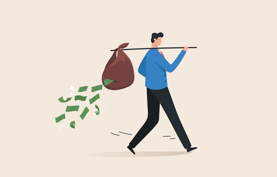 Lose money. Financial debt. Cost growth. economic crisis. Personal budget expenditures. The money wasted in vain. A young man or a businessman loses his money. vector