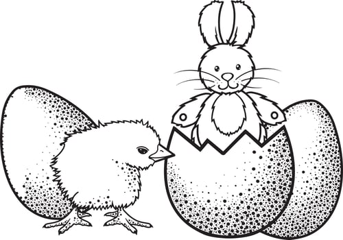 Vector illustration on a transparent background. Easter bunny, chicken and eggs