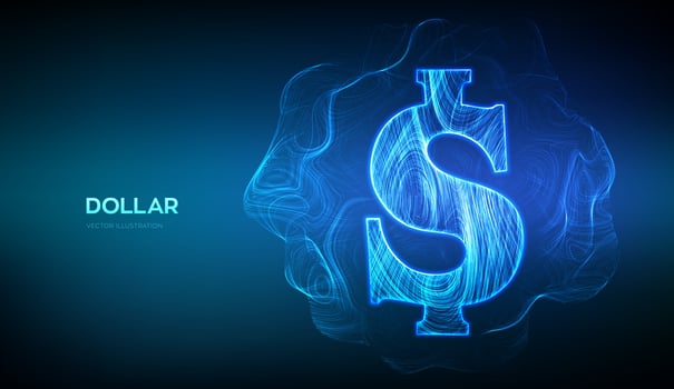 Dollar. Abstract United States Dollar sign formed from glowing thin lines. American USD currency icon. Cash, money, wealth, payment symbol. Wave motion particle trails background. Vector illustration.