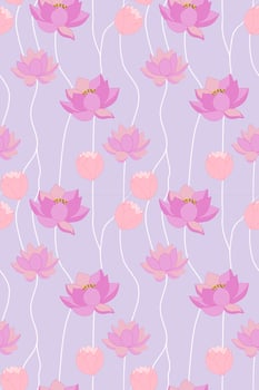 Seamless, repeat pattern,  Fat vector texture of pink pastel Lotus or  Water Lily flower image.