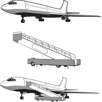 Airplane is landing and take-off, the gear. Travel and transportation. Plane icon in monochrome style. Airlines. Airplane flying in the sky. Business travel. Isolated on white vector