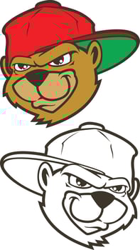 Cool brown cartoon hip hop bear character with cap. Vector clip art illustration