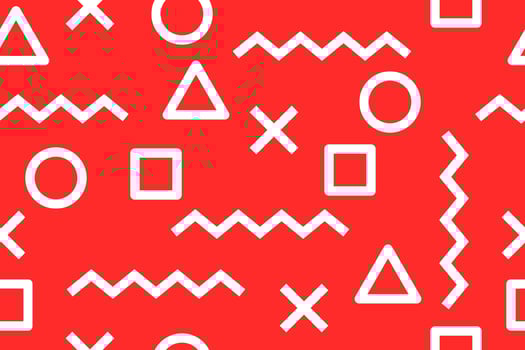 Red seamless pattern memphis style, geometric shapes of triangles, circles, zigzags, and squares vector