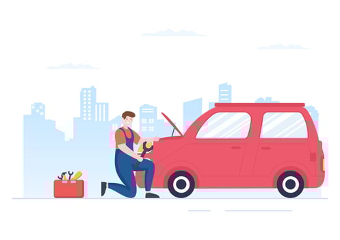 Car Inspection of The Station Detects Faults, Draws up a Checklist of All Breakdowns, Repair and Analysis Transport in Flat Cartoon Illustration vector