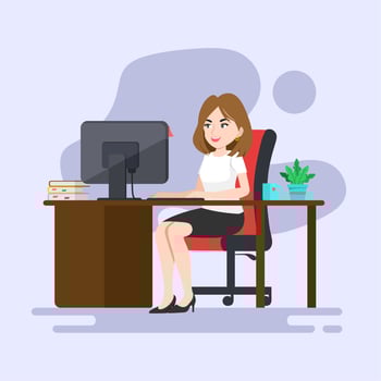 Business woman at work. Office worker woman behind the a work desk. Vector illustration of a flat design.