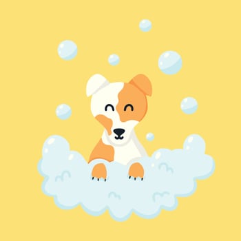 Cute dog in the foam. Dog with bubbles. Pet care. Vector illustration in cartoon style.
