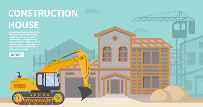 Construction site.Residential building  a brick,wooden apartment house.Construction equipment crane.Home facade garage car.Vehicles freight transportation.Flat vector.Yellow bulldozer tractor. vector