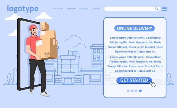 Online Delivery Service Web Banner Template. Courier Delivering Parcel Box. Smartphone with Mobile App for Delivery Tracking. Smart Logistic Concept. Flat Vector Illustration.