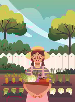 A Girl Harvesting Fruit and Vegetable in the Home Garden vector