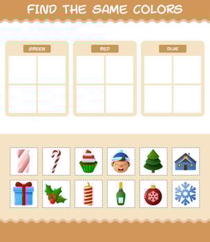 Find the same colors of christmas. Searching and Matching game. Educational game for pre shool years kids and toddlers vector