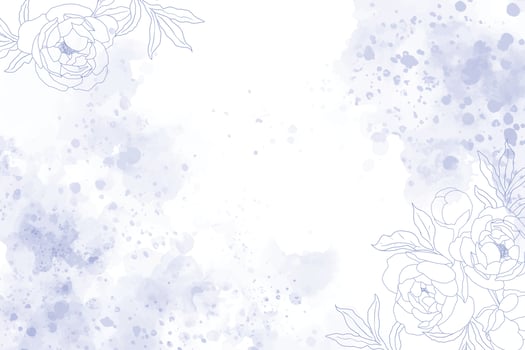 watercolor indigo blue splash background with white doodle line art peony flower vector