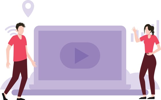 Boy and girl play videos on laptops. vector