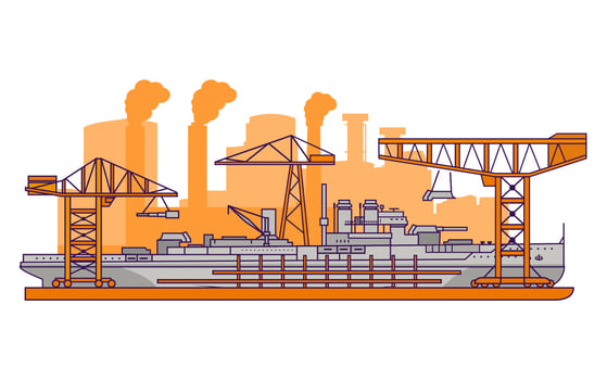 Military shipyard factory.Warship flat line art vector.Battleship with an artillery tower with guns. vector