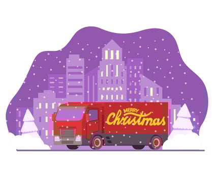 Christmas semi truck delivery .Happy New Year postcard.Winter landscape with snowy fir trees.Car front view.Vector realistic illustration.Cargo car.Night winter city skyline. vector