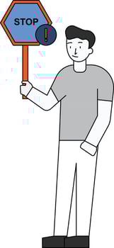 The boy is standing with a stop board in his hand. vector