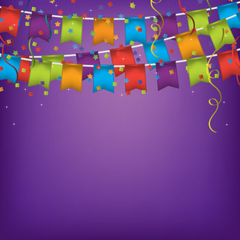 Birthday greeting card. Happy birthday banner. Colorful confetti and purple background. vector