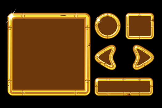 Vector game ui kit. Golden user interface for game menu. Gold window interface template with buttons, arrows.