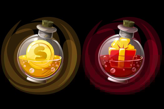 Set of isolated elixir bottles with gift and coin icons. Illustration of glass jars with potions for the game. vector