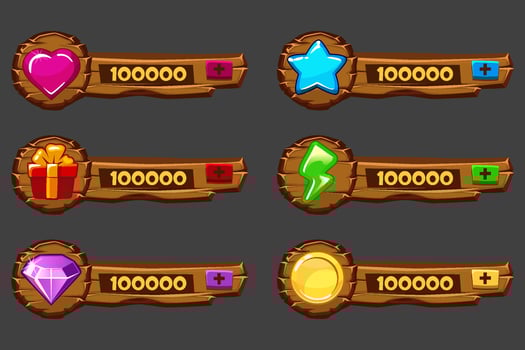 Additional vector wood panels for game design. Set of icons on wooden frames.