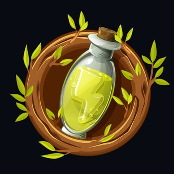 Magic potion with energy in a wreath of twigs. Vector illustration of a jar icon with an elixer in a wooden frame.