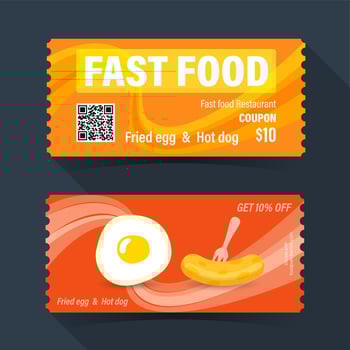 Fast food coupon ticket card. Fried egg and hot dog element template for graphics design. Vector illustration