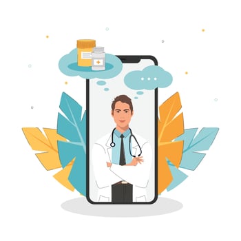 Doctor's appointment. Online consultation. Modern health technology. Hospital. Young man character doctor on smartphone screen. vector