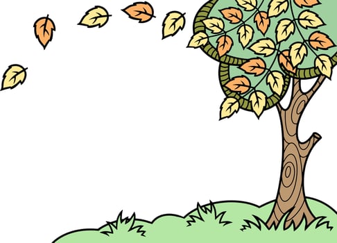 Color vector illustration. Autumn tree with leaves, leaf fall, horizontal banner with an empty place to insert