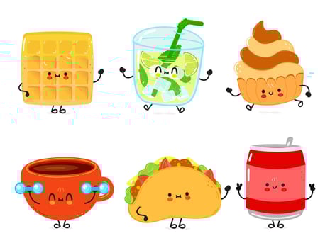 Funny happy fast food characters set. Vector hand drawn cartoon kawaii character illustration. Isolated white background. Cute wafer, mojito, cake, coffee cup, coffee cup, can of cola