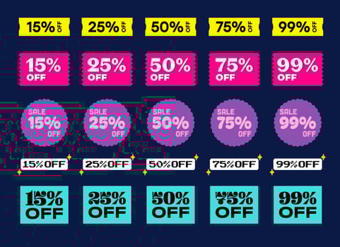 Set of Promotional Sale Signs and Special Offer, Vector Badges. Various Discount Colorful Designs, Cyber Monday, Black Friday, Seasonal Sale.