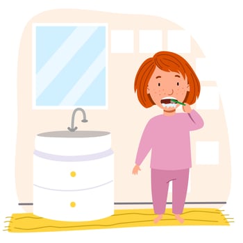 a European girl with red hair in pajamas is brushing her teeth in the bathroom. vector