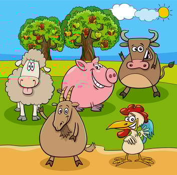 cartoon farm animals group in the meadow vector