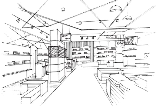 Sketch drawing of clothing store corridor, modern design, vector, 2d illustration. vector
