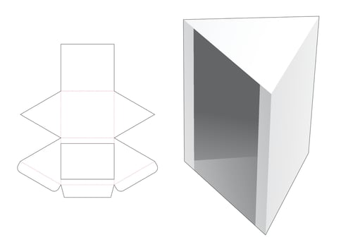 Triangular packaging with window die cut template and 3D mockup vector
