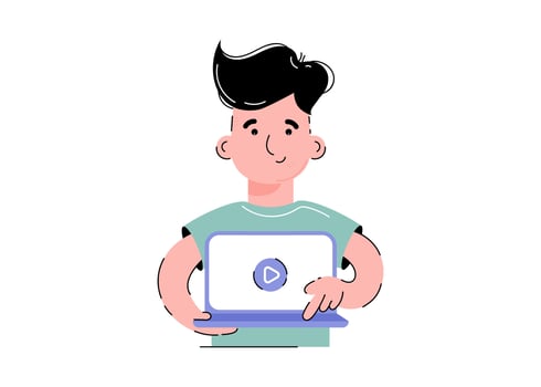 The guy is holding a laptop with a in his hands. Isolated on white background. Trendy flat style. vector