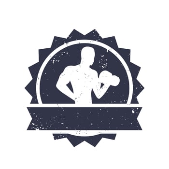 Fitness badge with posing athlete with barbell over white, vector illustration