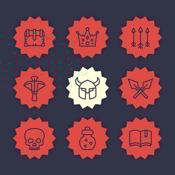 Game line icons set 2, RPG, crossbow, chest, arrows, crown, potion, medieval, fantasy items vector
