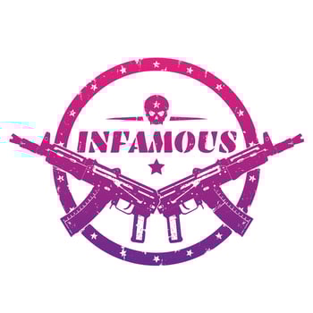 infamous, round print, emblem, badge with automatic guns and skull over white vector