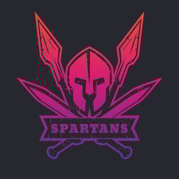 Spartans, logo, badge, t-shirt design with spartan helmet, crossed swords and two spears vector