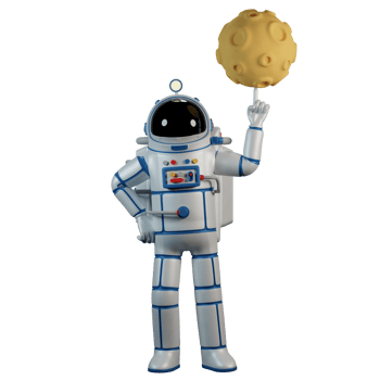 Isolated Spaceman in spacesuit twirls the moon on his finger. Astronaut and planet with craters - cartoon 3d illustration. png