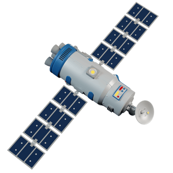 Satellite with rotating antenna flying in space. Space station in orbit. png