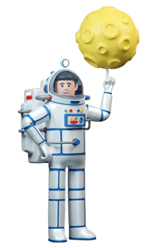 Astronaut and planet with craters. Smiling Spaceman in spacesuit twirls the moon on his finger. cartoon 3d illustration. 3D render. png