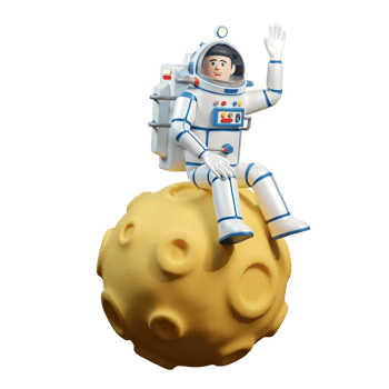 Astronaut in spacesuit sits on Moon. Spaceman on a planet with craters waves his hand. 3d illustration, 3d render png
