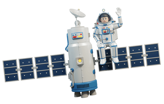 Astronaut in spacesuit sits on space satellite. Space satellite and spaceman. 3d illustration, 3d render png