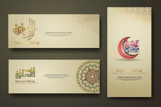 Al-Isra wal Mi'raj Prophet Muhammad calligraphy set banner template vector
