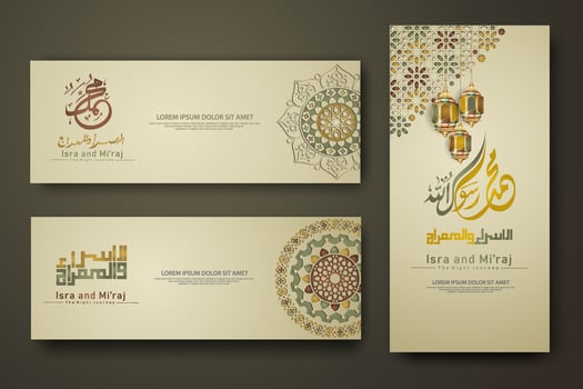 Al-Isra wal Mi'raj Prophet Muhammad calligraphy set banner template vector