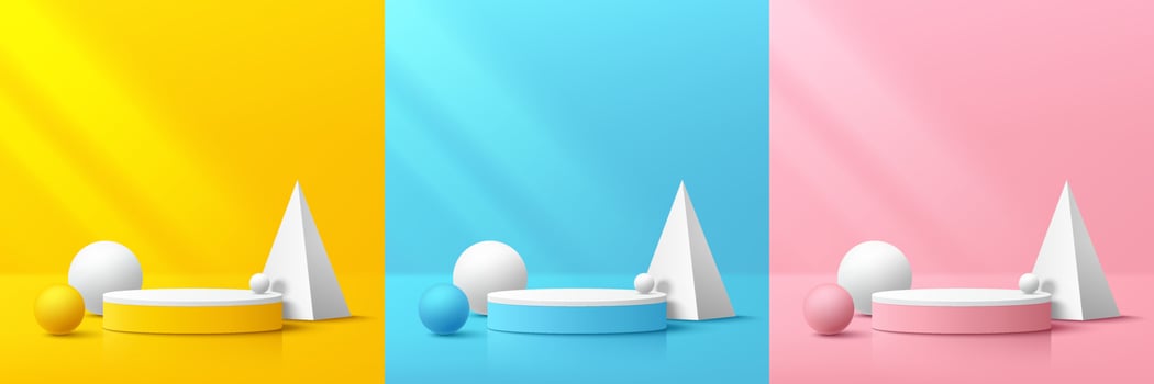 Set of yellow, blue, pink, white realistic cylinder pedestal podium with geometric forms background. Abstract vector rendering 3d shape. Mockup product display. Minimal wall scene. Stage for showcase.