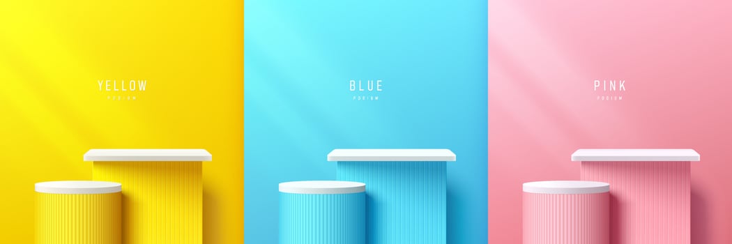 Set of yellow, blue, pink abstract rooms with realistic 3d steps cube and cylinder stand podium. Vector rendering geometric forms. Pastel minimal wall scene. Stage for showcase, Mockup product display