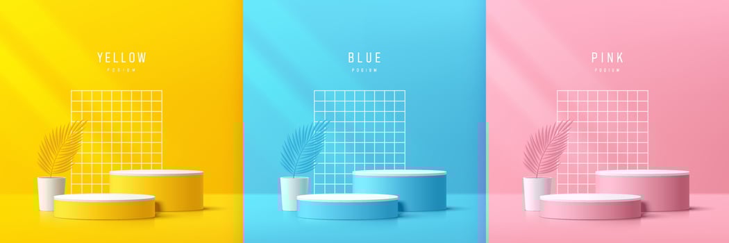 Set of yellow, blue and pink realistic 3D cylinder podium with leaf and white background. Abstract vector rendering geometric forms. Mockup product display. Pastel minimal scene. Stage for showcase.